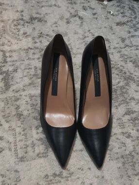 Via Spiga Black Leather Pointed Toe Pumps with Nude Insole